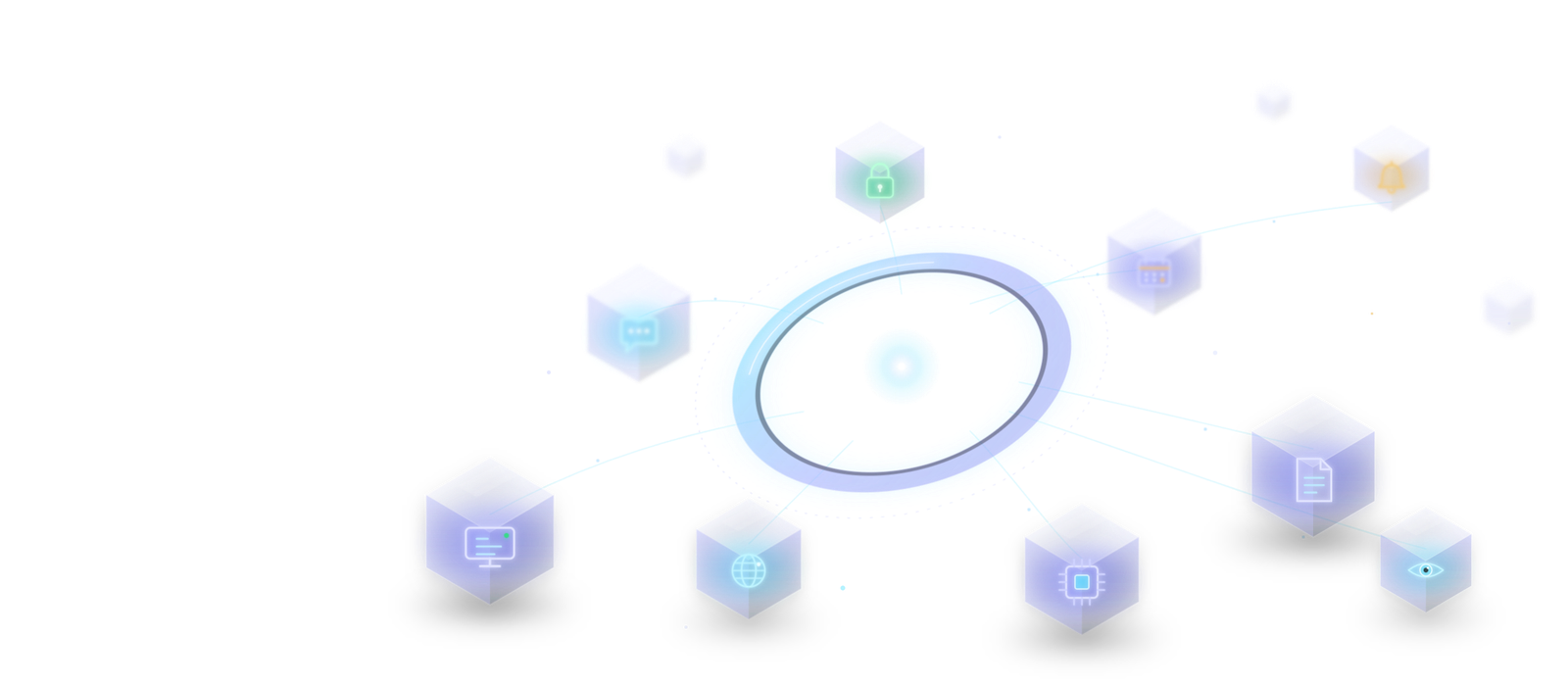 Glass modules for screen, chat, language, lock, chip, calendar, documents, reminders and vision, linked to a glowing ring