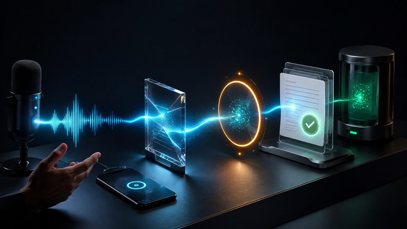 Una onda de sonido que atraviesa paneles de cristal, un candado y una marca de verificación: el habla se comprueba paso a paso antes de que ocurra nada